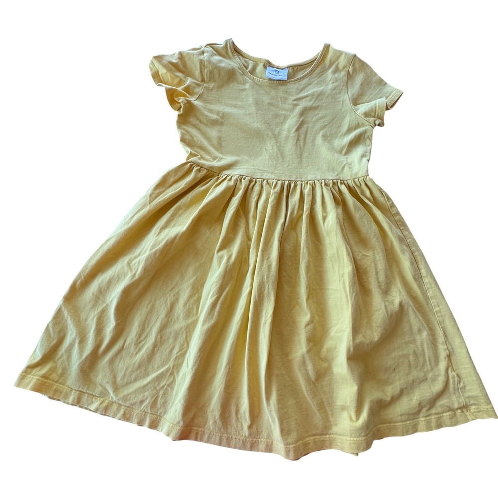 Hanna Andersson Short‎ Sleeve Cotton Dress Kids 140 Yellow Flowy Minimalist